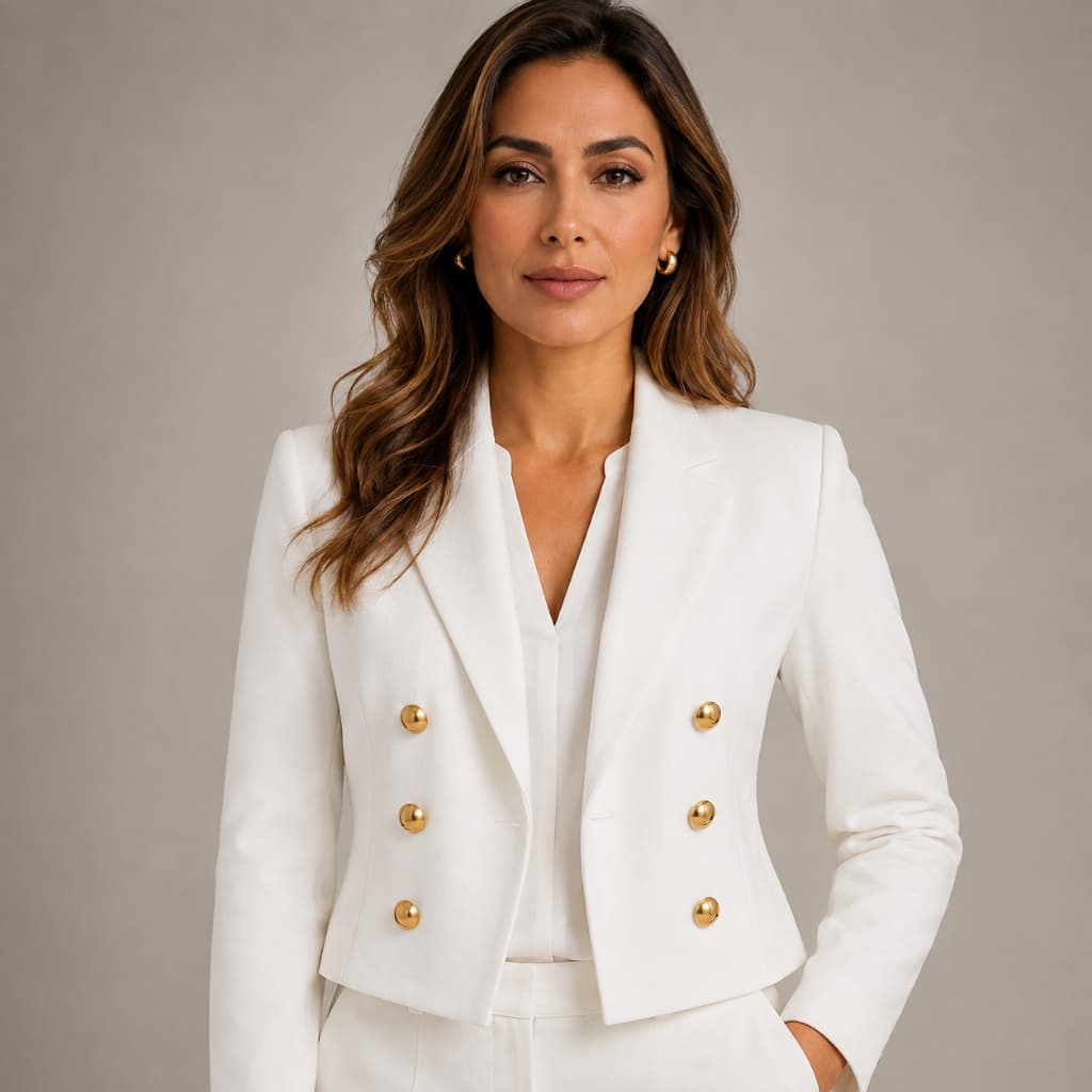 Blazer Cropped Feminino Luxo Alfaiataria, Botões Dourados, Montaria, Casual, Trabalho, Presente