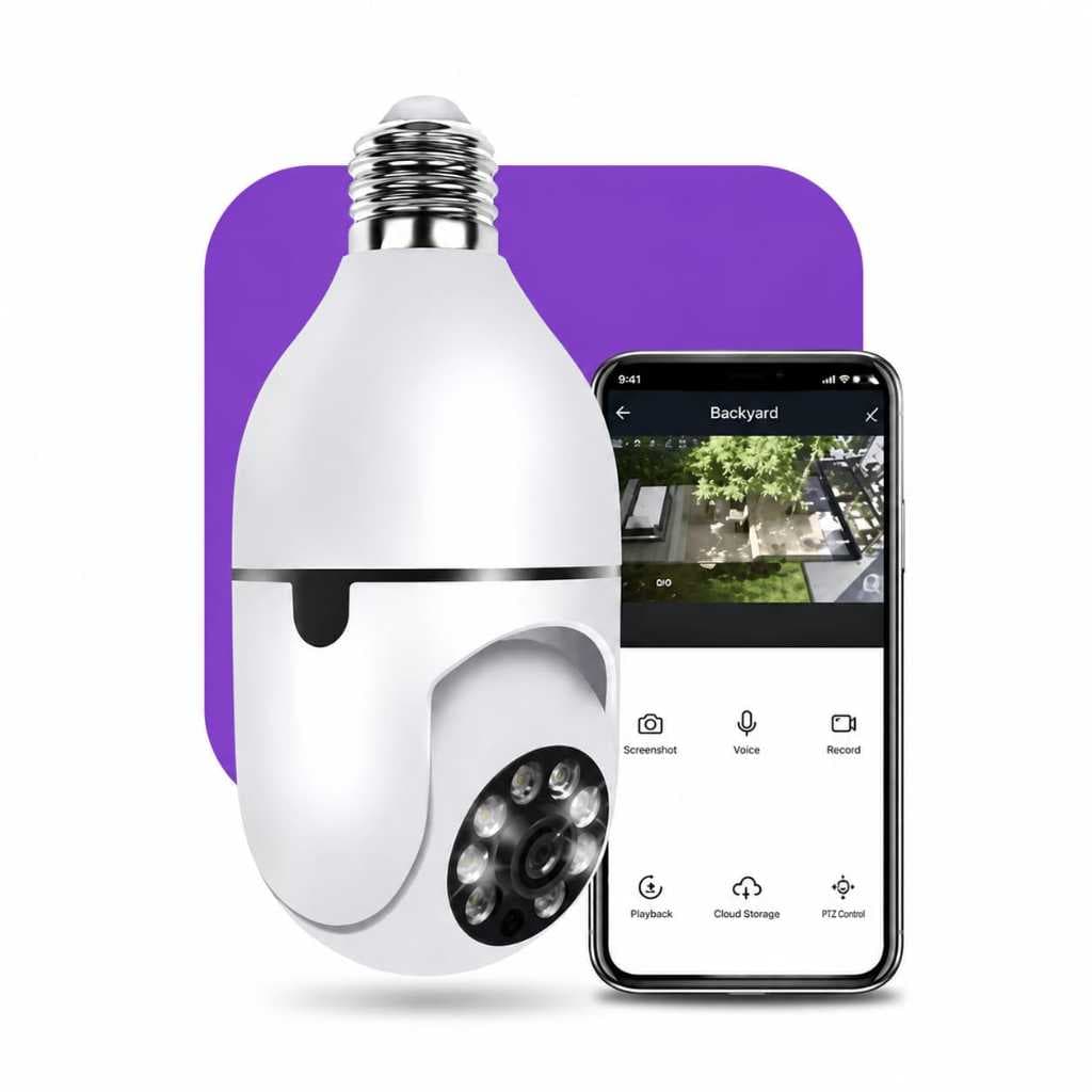 Camera Segurança Wifi Lampada Bocal E27 360° Full HD com Áudio Visão Noturna Câmera de Segurança