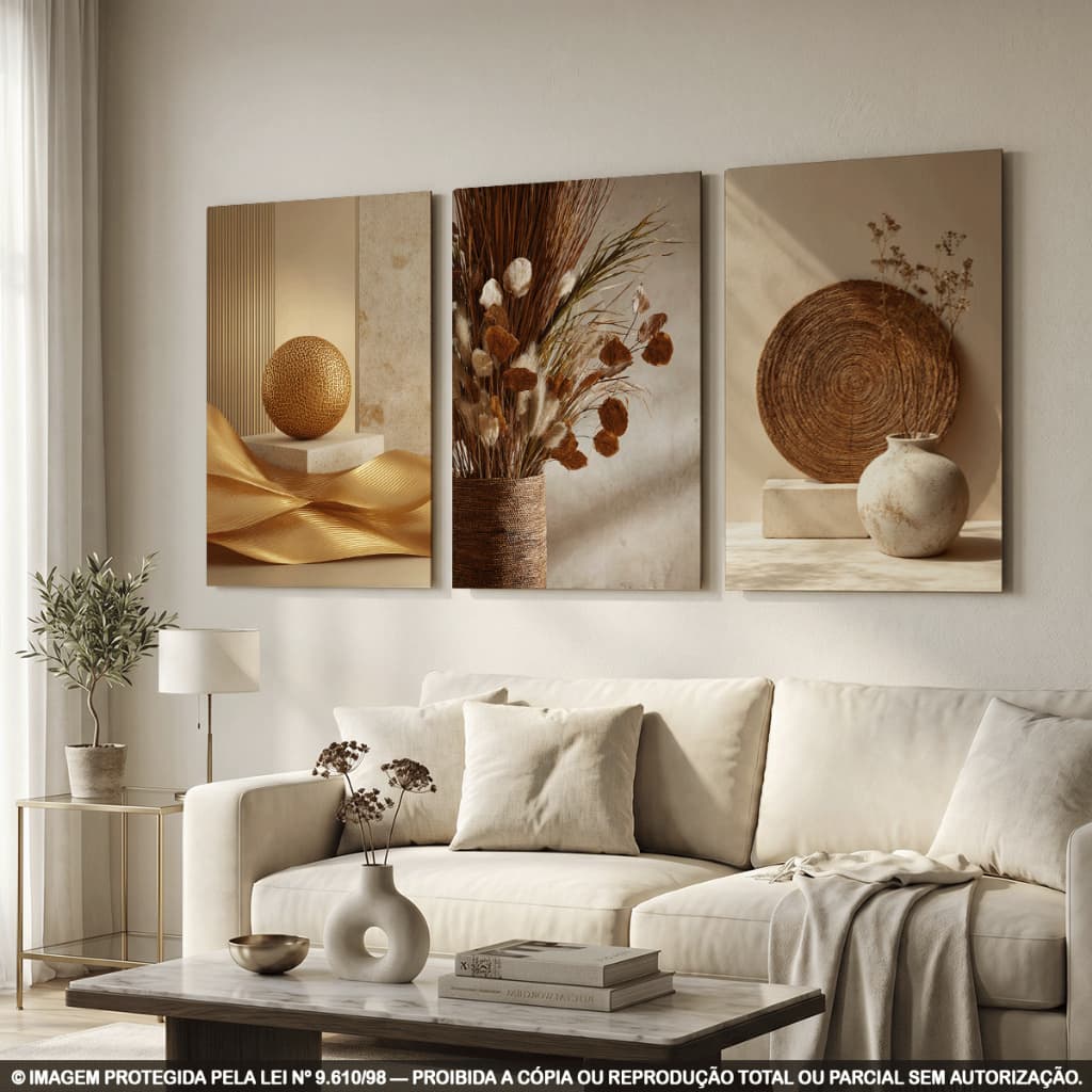 Kit 3 Quadros Decorativos Boho Luxo com Vasos, Flores Secas e Dourado para Sala