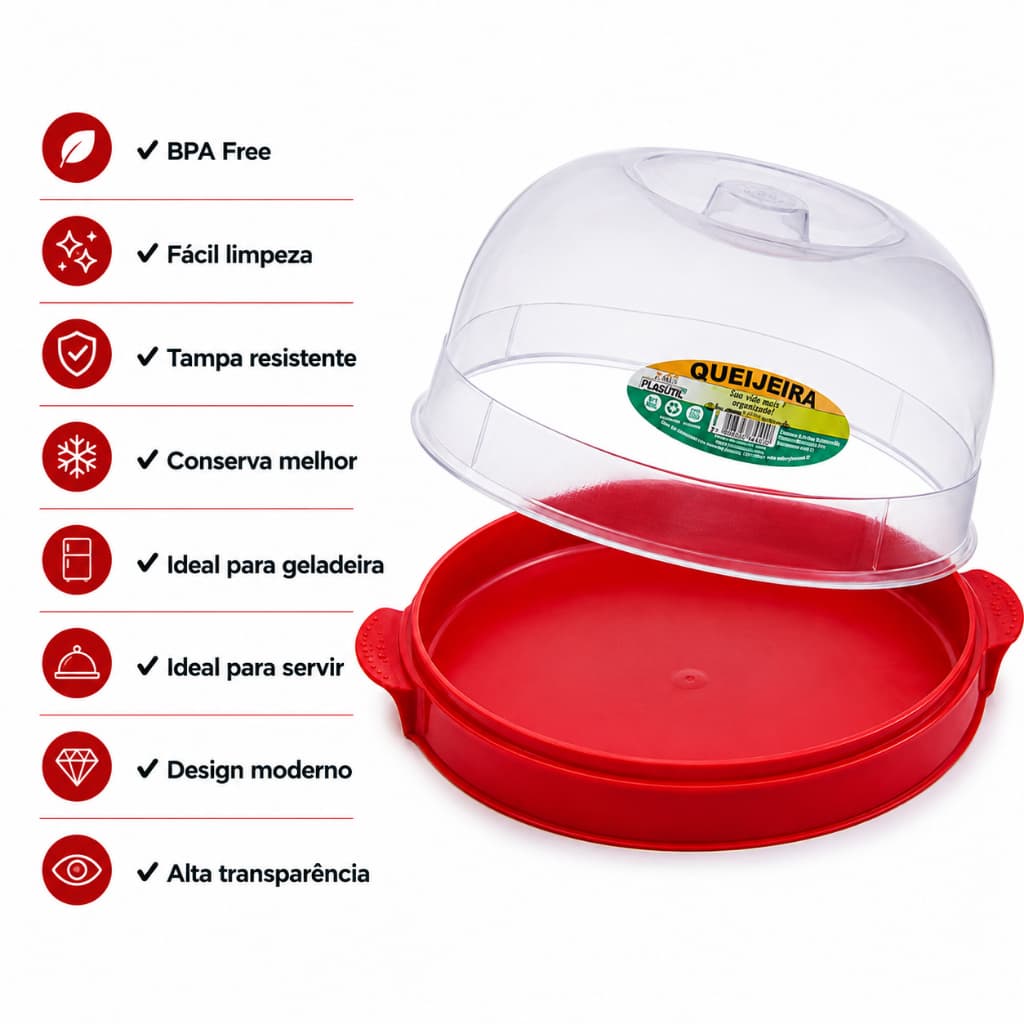 Queijeira Porta Queijo com Tampa Acrílica Premium Porta Frios Café da Manhã Organizador de Geladeira BPA Free