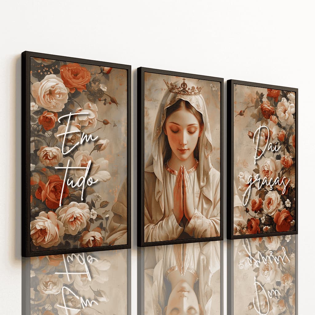 Kit 3 Quadros Nossa Senhora Em Tudo Dai Graças Decorativo Religioso Católico Cristã Flores Sala