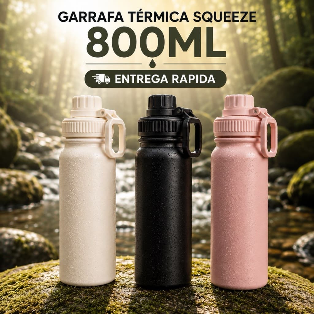 Garrafa Térmica 800ml Isolada A Vácuo Squeeze Aço Inox 304 C/ Alça e Coador Água Gelada