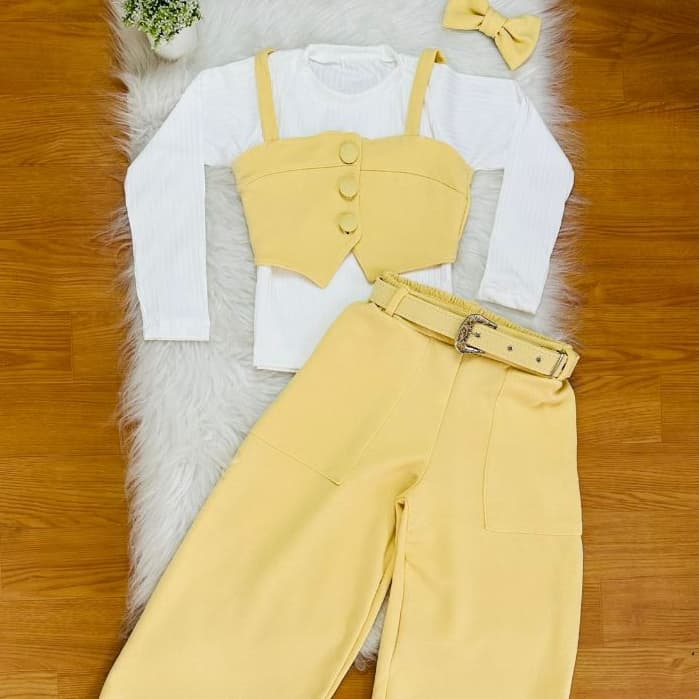 Conjunto Infantil Menina Calça Comprida + Blusa + Cropped e Lacinho 4 ao 10 anos