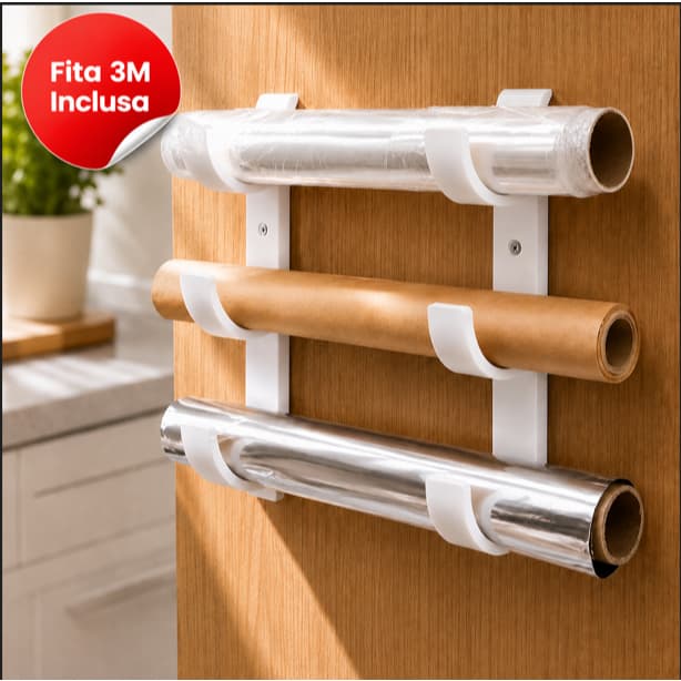 Suporte Organizador porta rolos 3 nível ajustável Universal com fita dupla face fácil instalação Cozinha, Dispensa