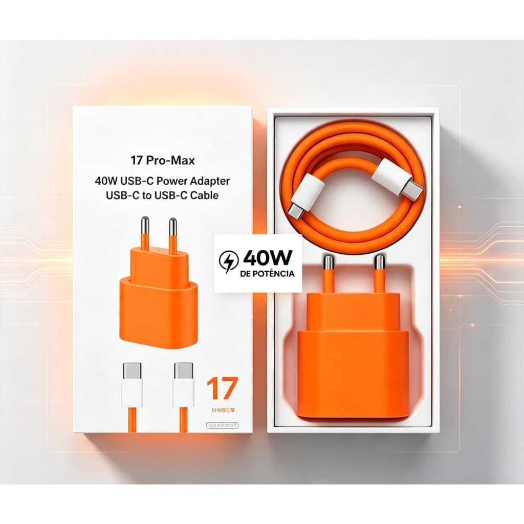 Cabo Carregador 40w Turbo iPhone 15 16 17 Pro Max Completo Fonte USB C e Cabo Tipo C
