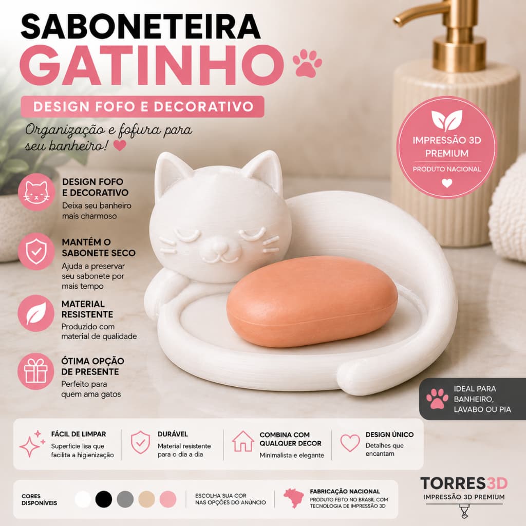 Saboneteira Gatinho - Saboneteira Gato Decorativa Porta Sabonete em Plástico Premium para Banheiro e Lavabo