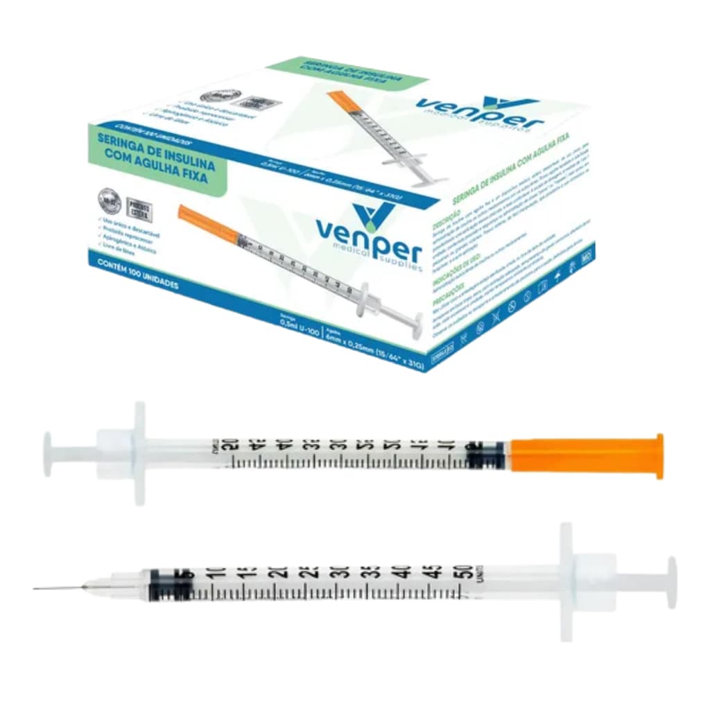 Kit 50un Seringa de Insulina com Agulha Fixa 0,5ml 0,25mm x 6mm 31G - Venper