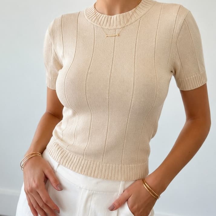 BLUSA FEMININA MANGA CURTA TRICOT MODAL CANELADO LARGO TENDÊNCIA