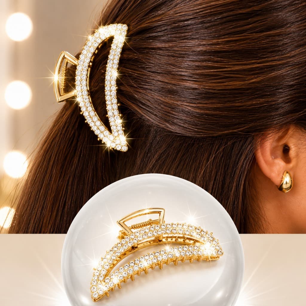 Presilha de Cabelo Feminina Luxo com Strass Brilhante Dourada 8 cm | Piranha Elegante para Festa e Dia a Dia