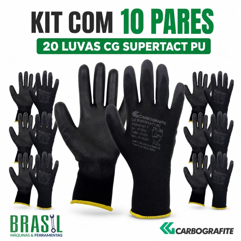 Kit 10 Pares Luva EPI CG Supertact PU Tam 10 Carbografite Segurança Proteção Mecânica Industrial