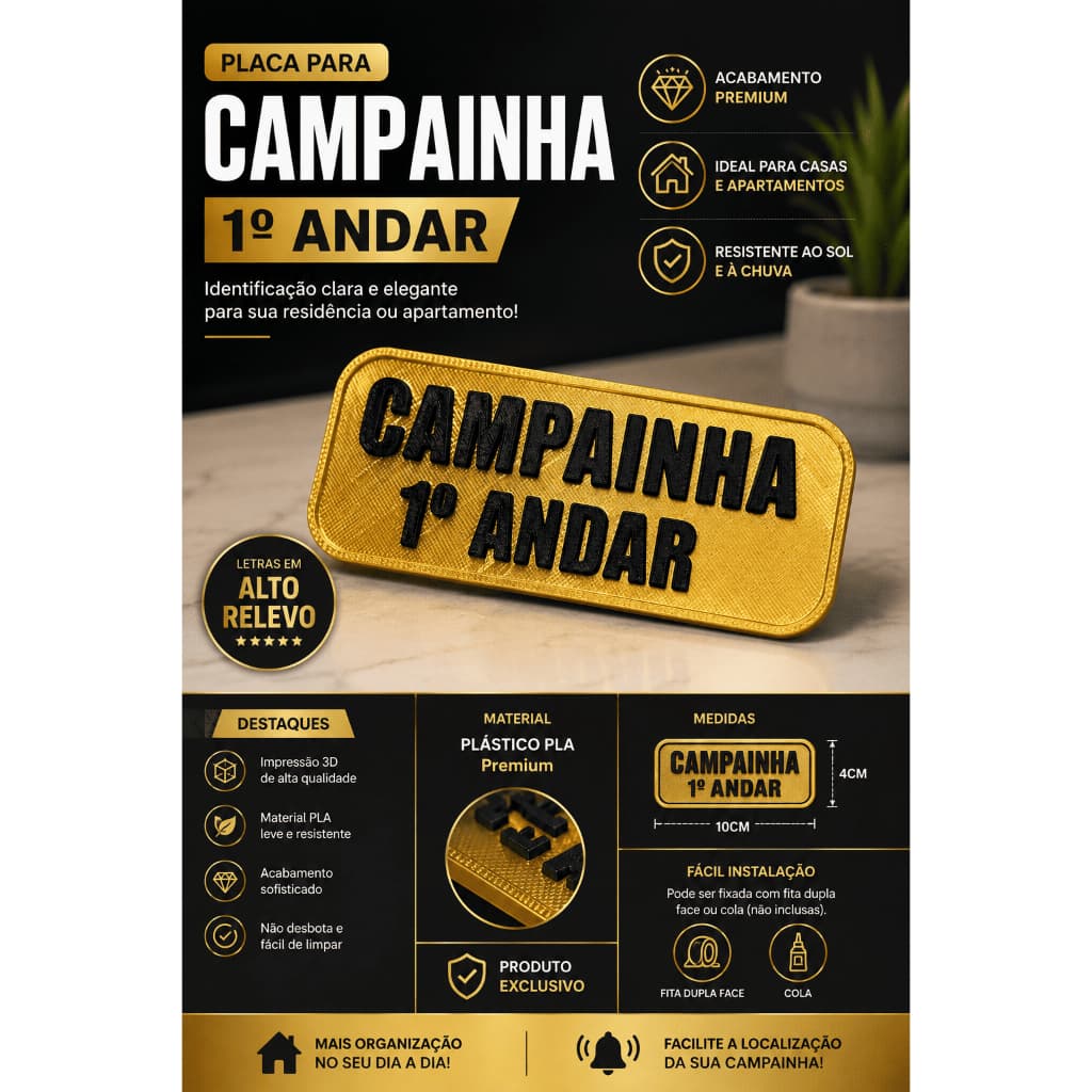 Placa Campainha 1º Andar  | Identificação de Apartamento e casa | Letra Alto Relevo