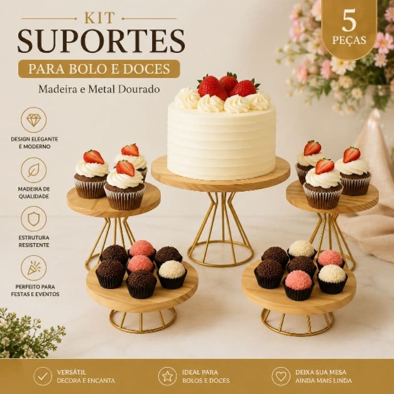 Kit Suportes para Bolo e Doces em Madeira e Metal Dourado 5 Peças