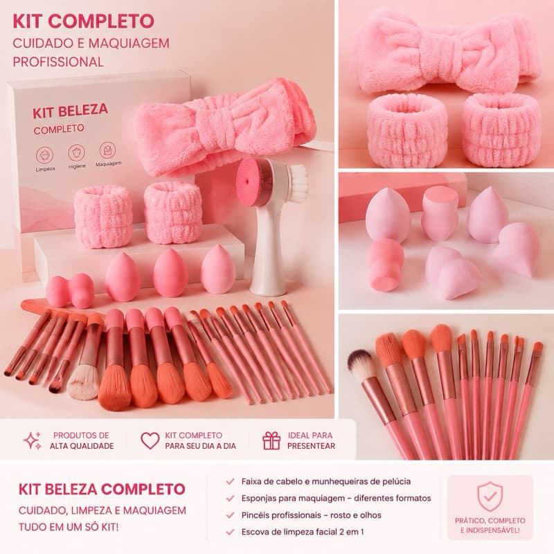 Kit Maquiagem Completo Rosa com Pincéis, Esponjas, Faixa, Munhequeiras, Puffs e Escova de Limpeza Facial