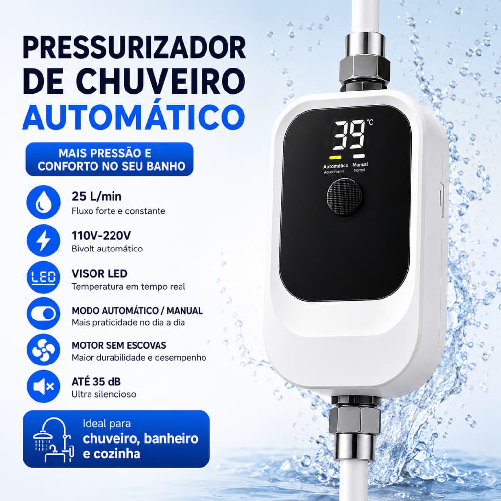 Bomba Pressurizadora de Água Automática 25L/min 75W com Fonte Bivolt para Aumentar Pressão de Chuveiro e Torneira