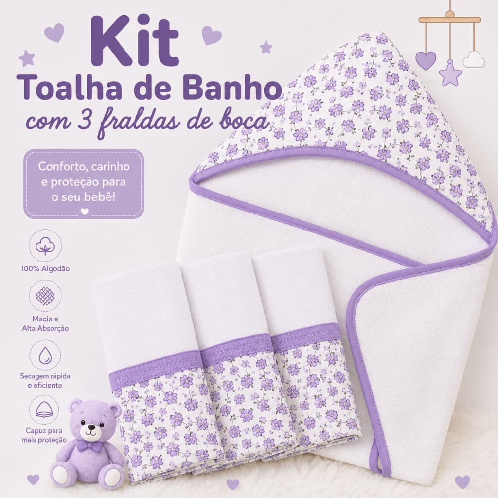 Kit Toalha de banho com Capuz e 3 fraldas de boca bebê infantil babete pano de boca menina e menino premium
