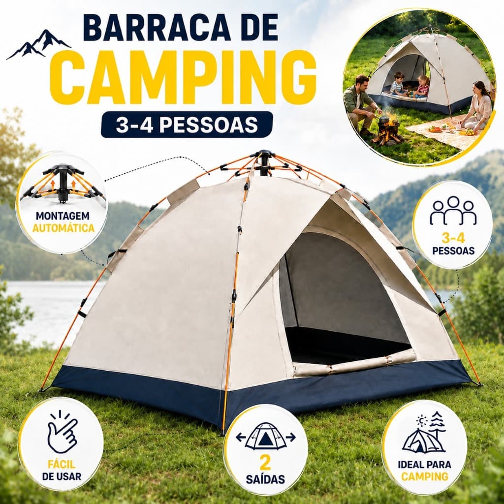 Barraca Automática para Camping 3 a 4 Pessoas Impermeável Montagem Fácil