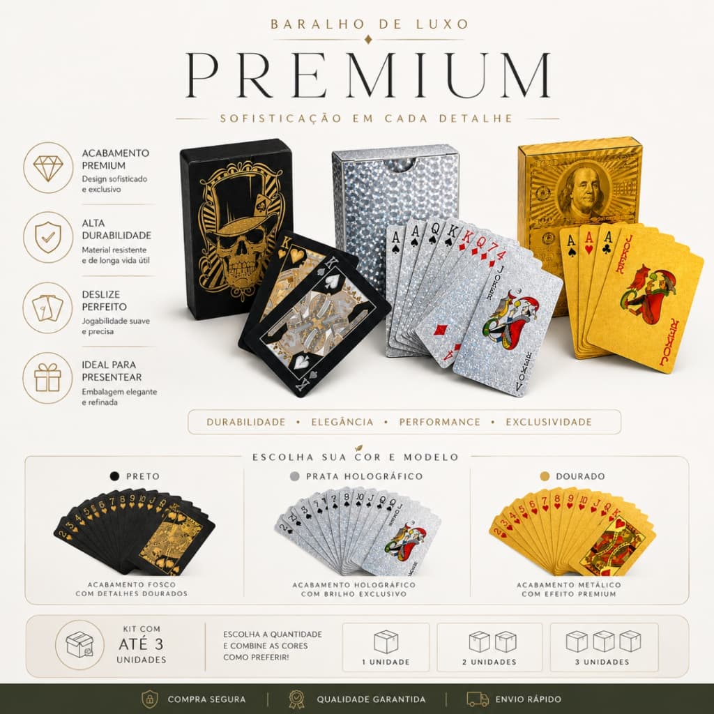 Baralho Poker Dourado Black ou Prata  À Prova D’Água Plástico Premium Lavável Resistente Profissional 54 Cartas