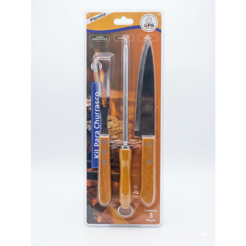 Kit 3 peças Faca, Garfo e Chaira para seu churrasco