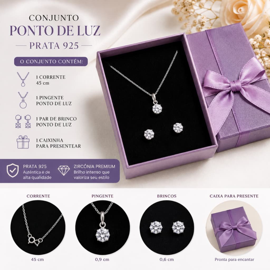 Conjunto Colar e Brincos Ponto de Luz em Prata 925 com Zircônia