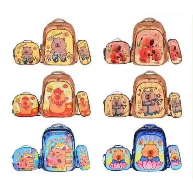 Kit contendo 3 peças estojo mais lancheira mais mochila, capivara