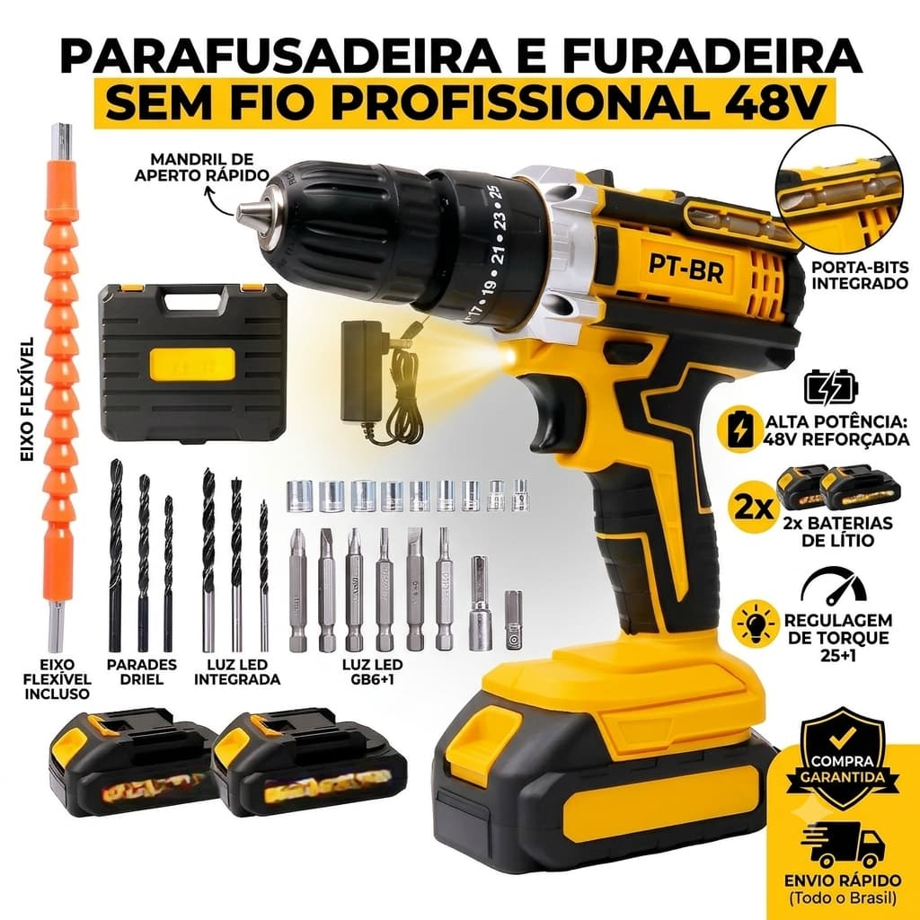 Parafusadeira E Furadeira A Bateria Com 2 Baterias Maleta Brocas Soquetes E Eixo Flexivel Bivolt Profissional