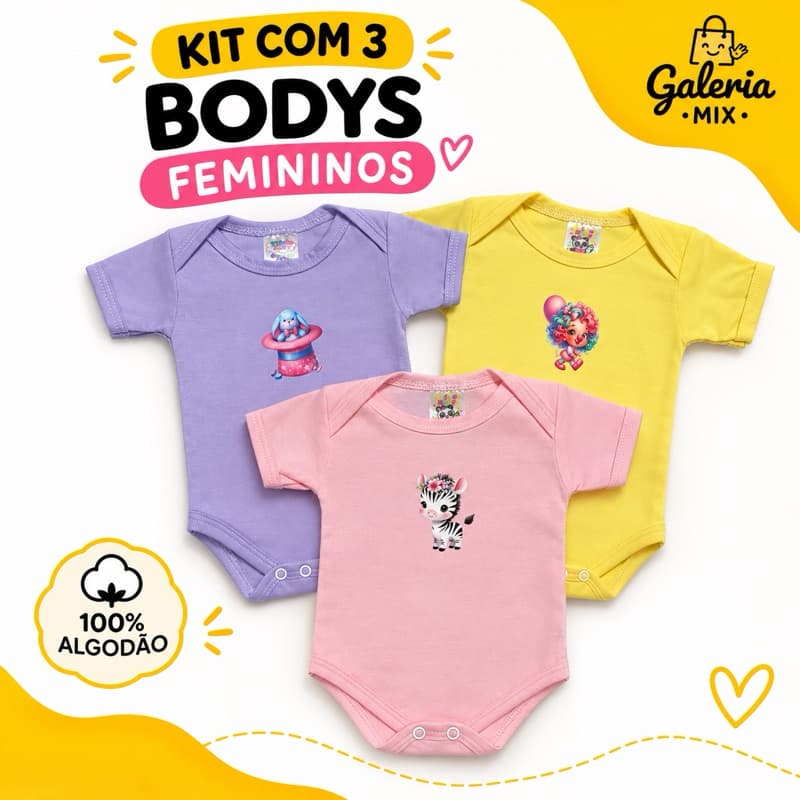 kit Body bebê 3 peças - Body menina - Body estampado