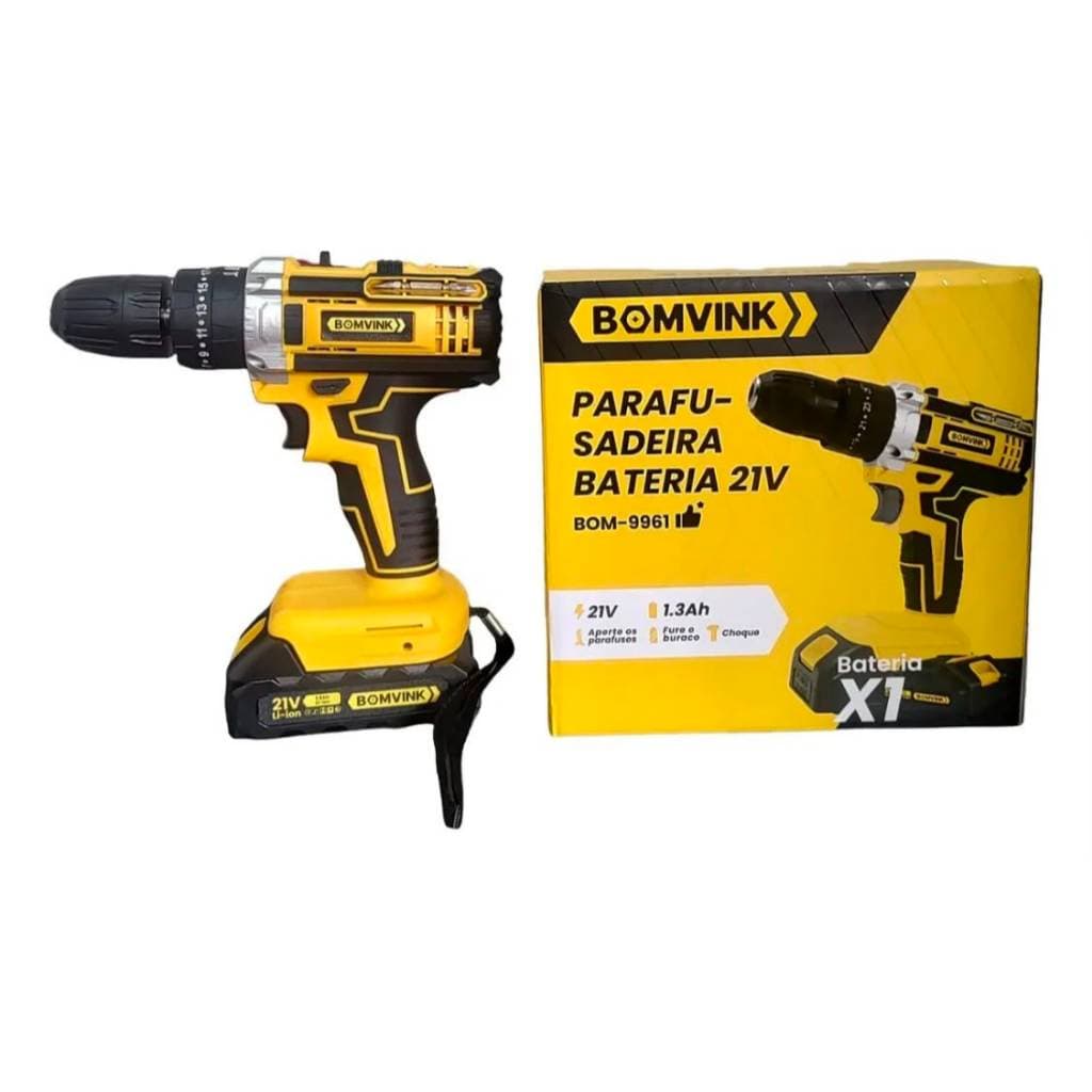 Furadeira Parafusadeira de Impacto 21V Bomvink BOM-9961 Bivolt com 1 Bateria Sem Fio Profissional