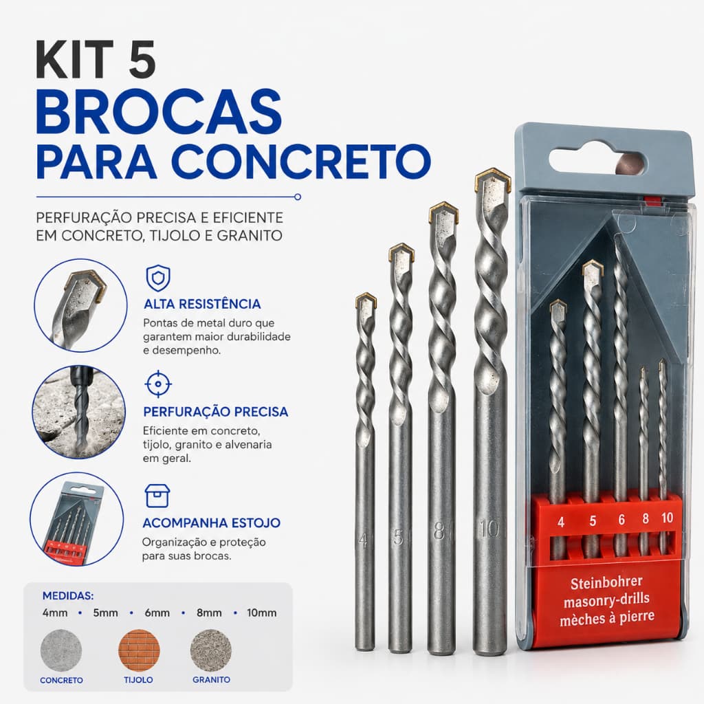 Kit 5 Brocas Para Concreto Cimento Tijolo Parede Furadeira Profissional Para Perfurar Jogo de Brocas
