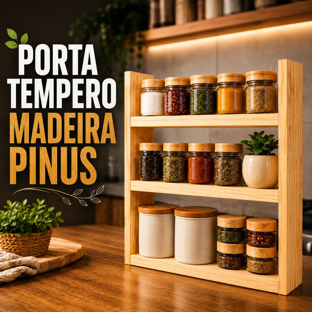 Porta Tempero e Condimentos em Madeira Pinus para Bancada casa cozinha decoração