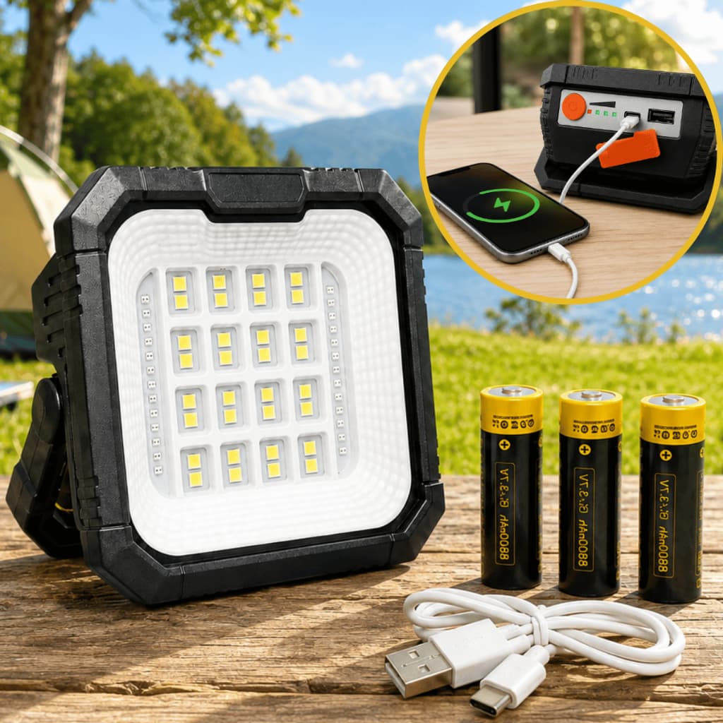 Lampião LED Solar Recarregável Powerbank Refletor Luz Forte USB Barraca Camping Lanterna Trabalho Acampamento Lamparina