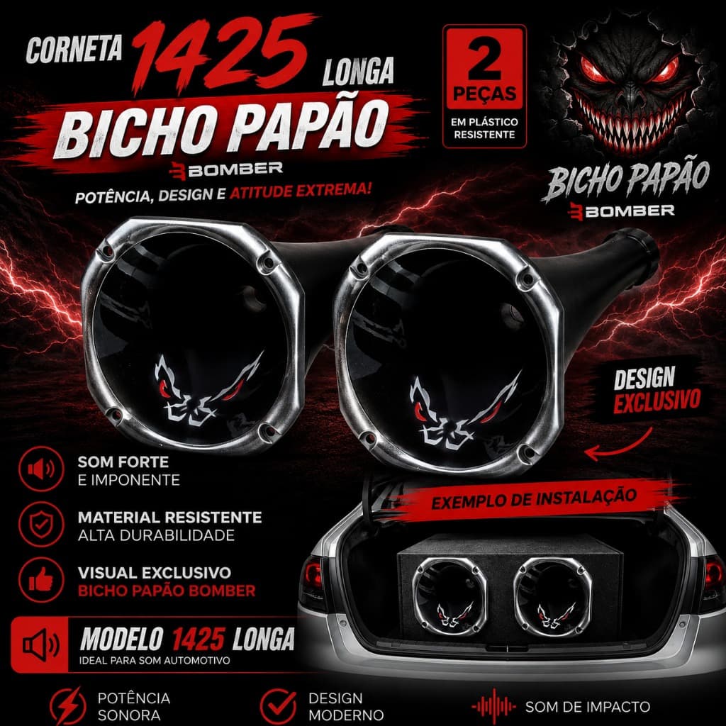 Kit 2 Cornetas Longas 1425 Bicho Papão Bomber Som Automotivo Caixa Trio