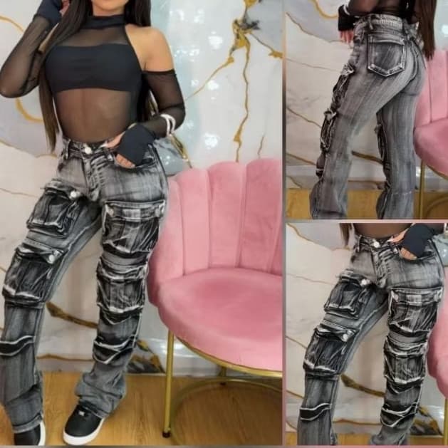🔥 CALÇA CARGO JEANS FEMININA CINZA ESTONADA – A QUERIDINHA DO MOMENTO 🔥