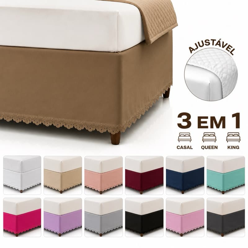 Saia Box 3 em 1 Ajustável Riollen para Cama Casal Padrão Queen King 100% Poliéster com Renda Protetor para Base Box