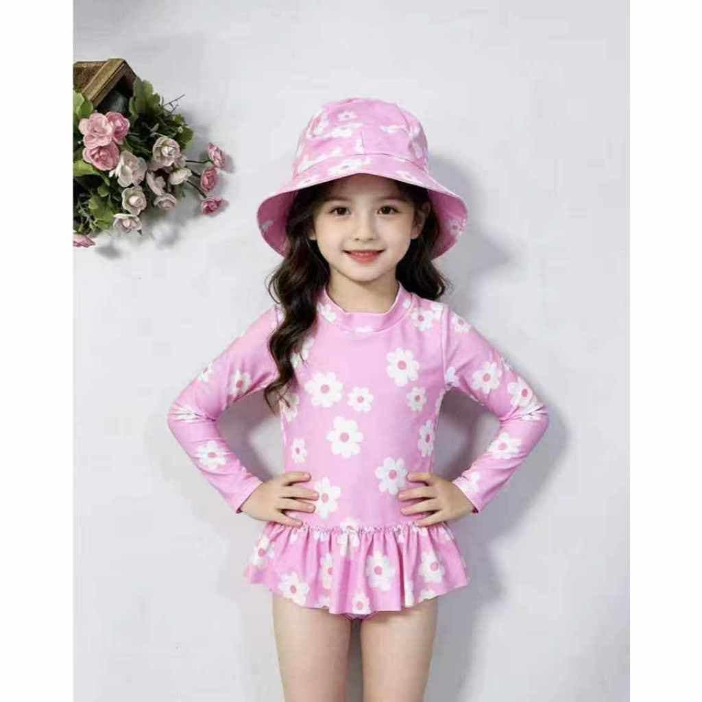 Maiô infantil Com Chapéu Manga Longa Menina Proteção Solar Uv 50 Maio-1263