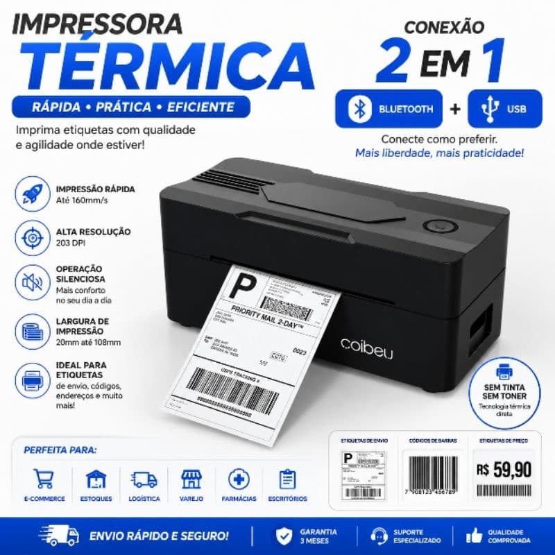 Impressora térmica USB Bluetooth COIBEU Etiquetas Marketplaces Alta Resolução Multiplataformas