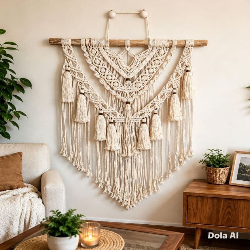 Painel Suspenso Feito em Macrame, Com Galho Natural e Barbante de algodão 24 Fios