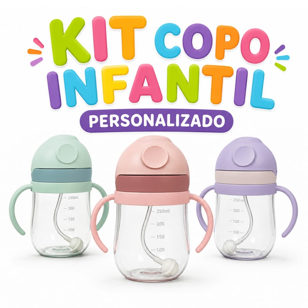 Kit 2 Copos de Transição Infantil 350ml Personalizado - Nome Antivazamento Canudo Tampa Alça Bebês Criança