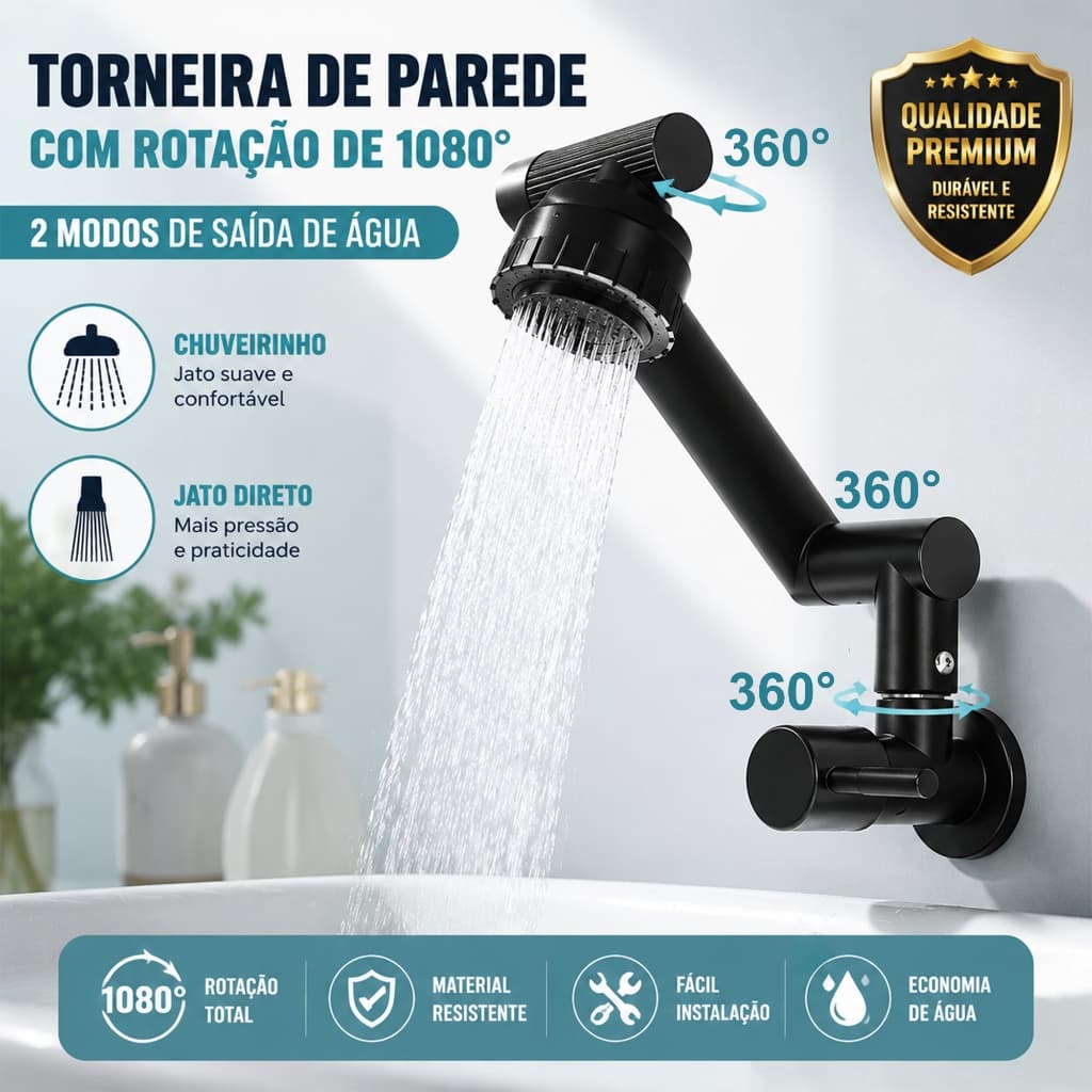 Torneira Gourmet de Parede Rotativa Flexível 360° para Pia de Cozinha e Banheiro, 2 Jatos, Metal/ABS