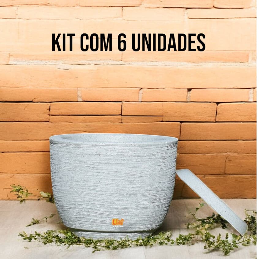 Kit 6 Vasos em Polietileno Decorativo Bojo Redondo Texturizado N1 20x26 com Prato Coletor