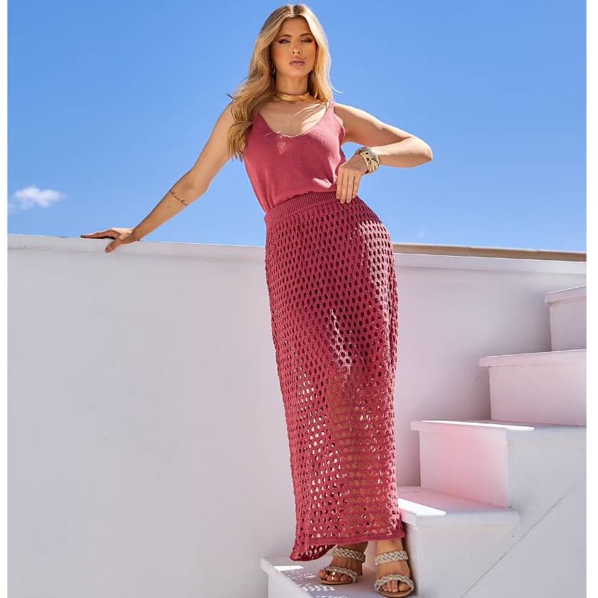 Conjunto Feminino 2 Peças Conjunto Tricot Saia Longa Regata Lisa Roupa Feminina Elegante Verão