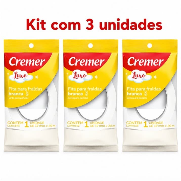 Kit com 3 - Fita Adesiva Para Fralda de Pano Pequena Cremer Branca