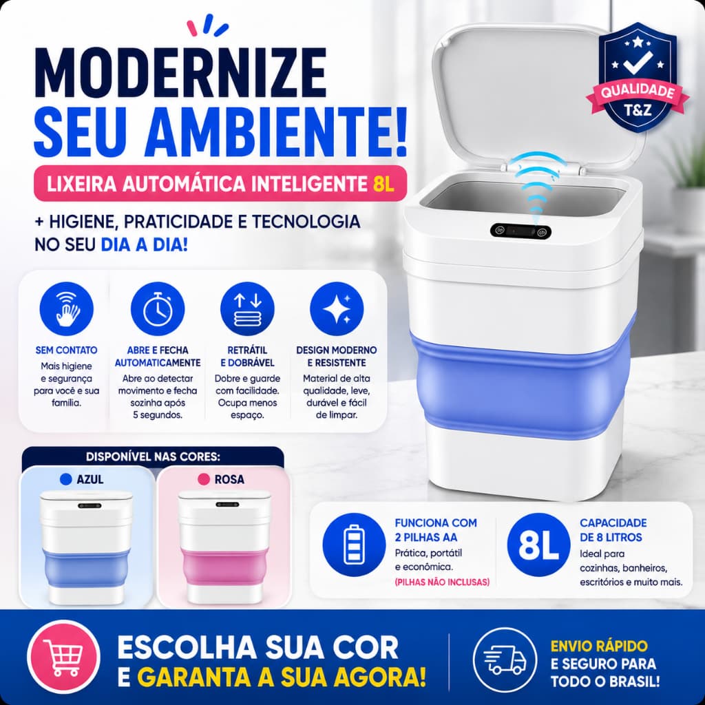 Lixeira Automática com Sensor 8 Litros Inteligente Retrátil para Banheiro Cozinha Escritório