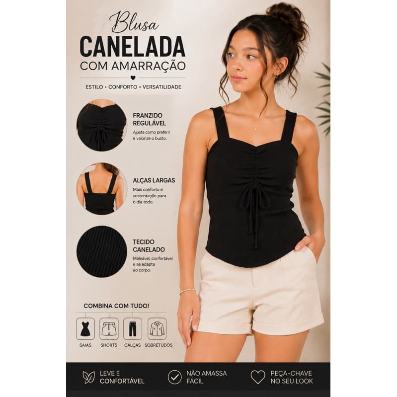 Blusa Básica Canelada com Amarração Frontal