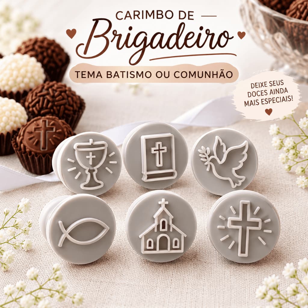 Kit 6 Carimbos para Brigadeiro Batizado Comunhão Crisma | Cálice Bíblia Pomba Cruz Igreja Peixe