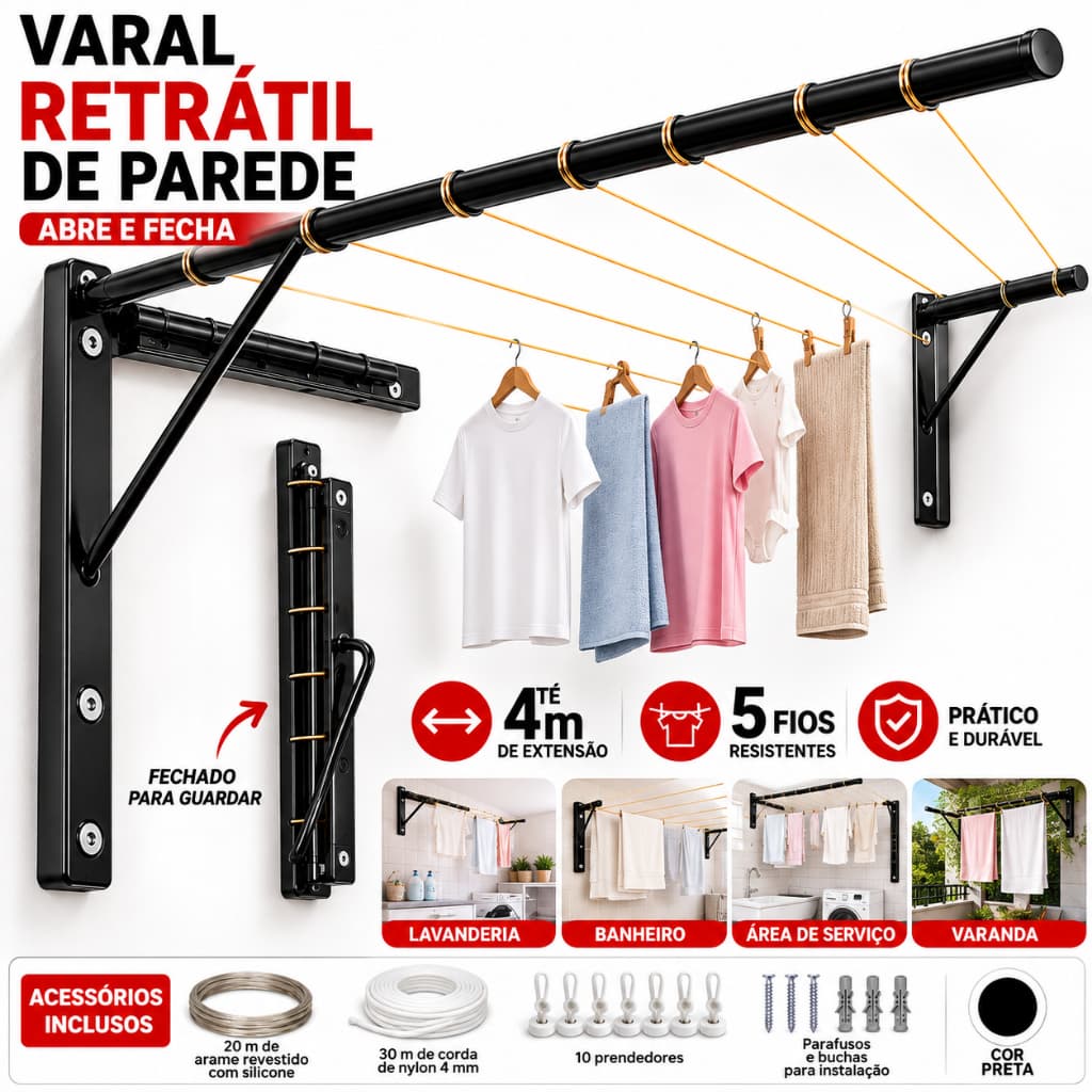 Varal Retrátil de Parede 5 Fios Dobrável Mão Francesa Até 4m Resistente Preto para Lavanderia Varanda