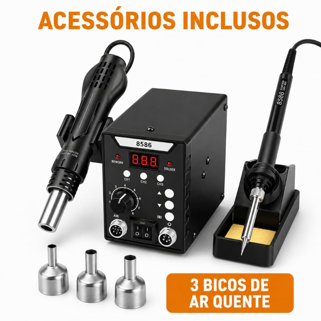 Kit Estação de Solda com Ar Quente e Ferro de Solda – 2 em 1 para Eletrônica, SMD e Projetos DIY