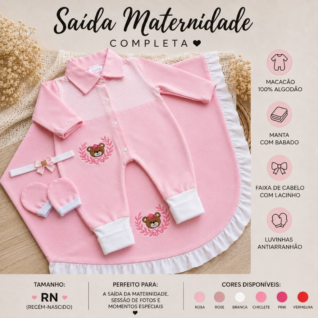 Saída Maternidade Menina RN 4 Peças Macacão 100% Algodão com Manta, Faixa e Luvinha