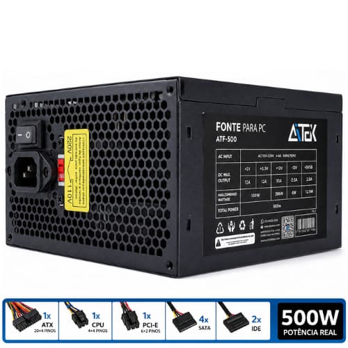 Fonte de Alimentação 500W para PC ATX AMD Intel com PCI-E 6+2 Pinos SATA IDE 120mm Bivolt