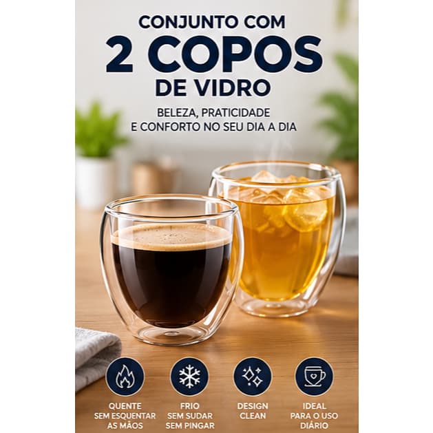 Kit 2 Copos Parede Dupla Premium Beleza na Mesa Posta Vidro Borossilicato 180ml Parede Dupla