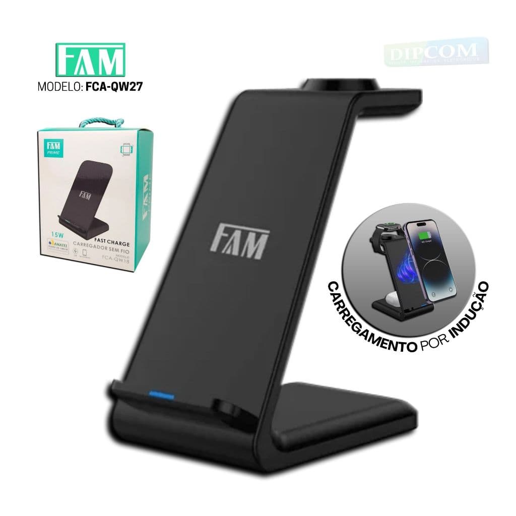 Carregador por Indução 3 em 1 Smartphones Smartwatchs Fones Sem Fio com Indução Fam FCA-QW27